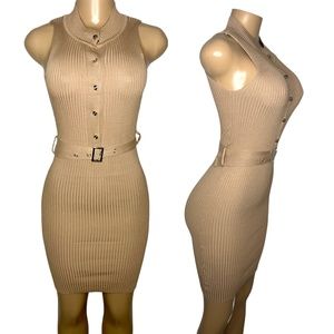 Size Small Beige Elegant Women Dress with Belt Halter Sleveless High Neck Dress